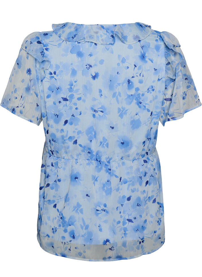 Bloemenblouse met rucheskraag en peplum effect, Blauw, Packshot image number 1