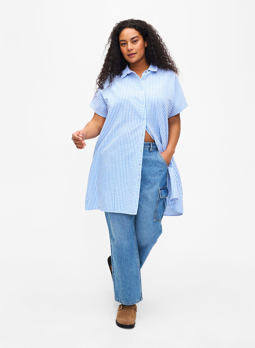 Lang gestreept katoenen overhemd, Light Blue Stripe, Model image number 2