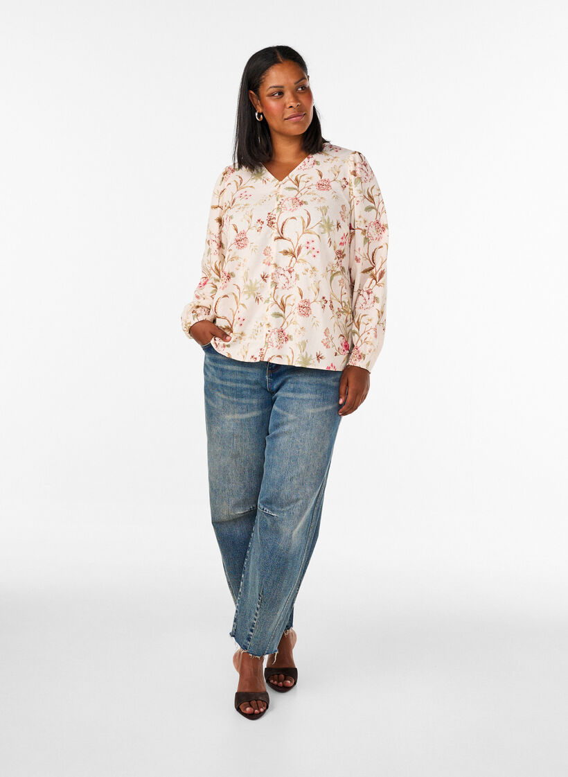 Gebloemde blouse van linnen en viscose met lange mouwen, Vanille, Model image number 1