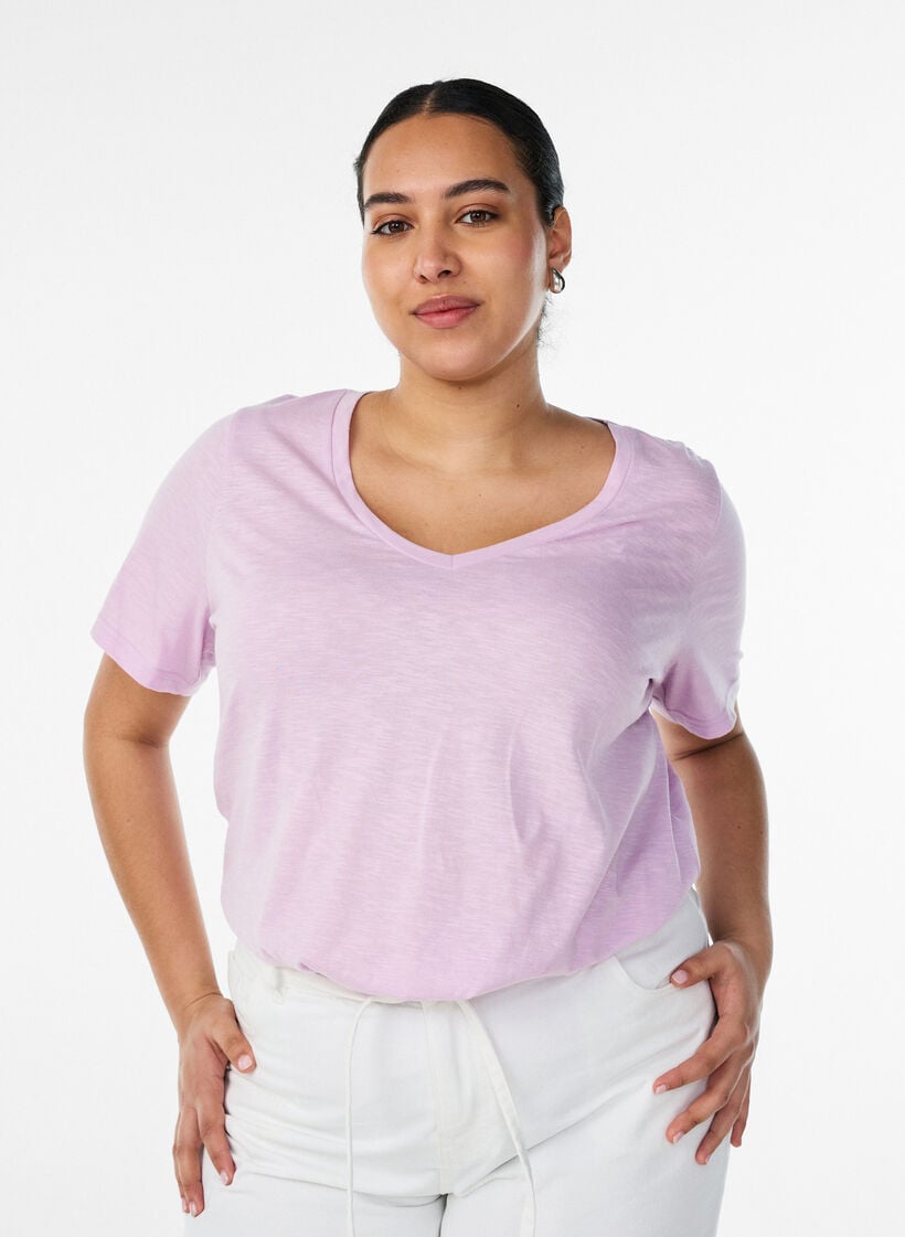 Basic t-shirt met korte mouwen en v-hals, Paars, Model image number 0