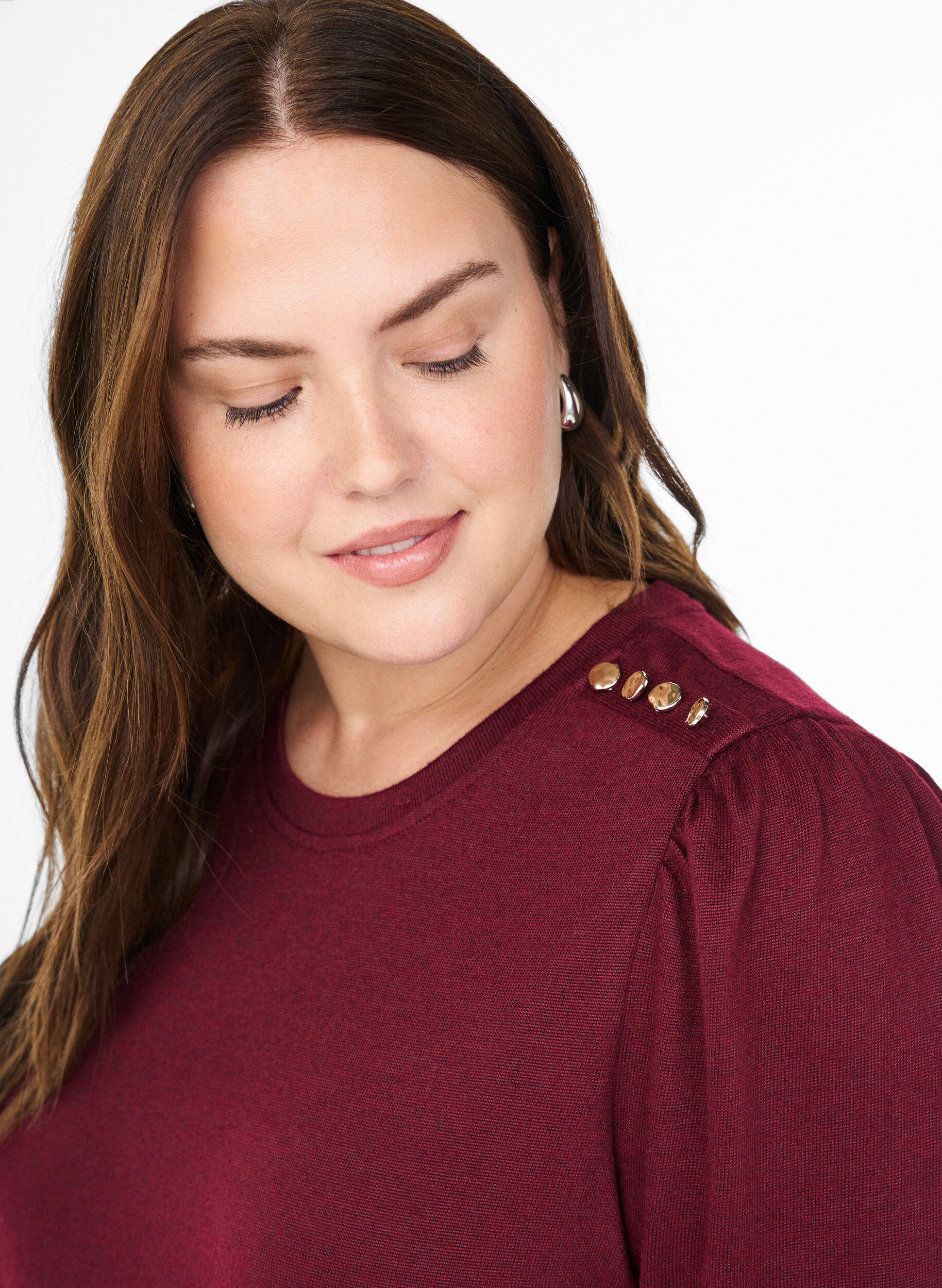 Zizzi Blouse met knoopdetail en korte pofmouwen, Donker Bordeaux, Model image number 3