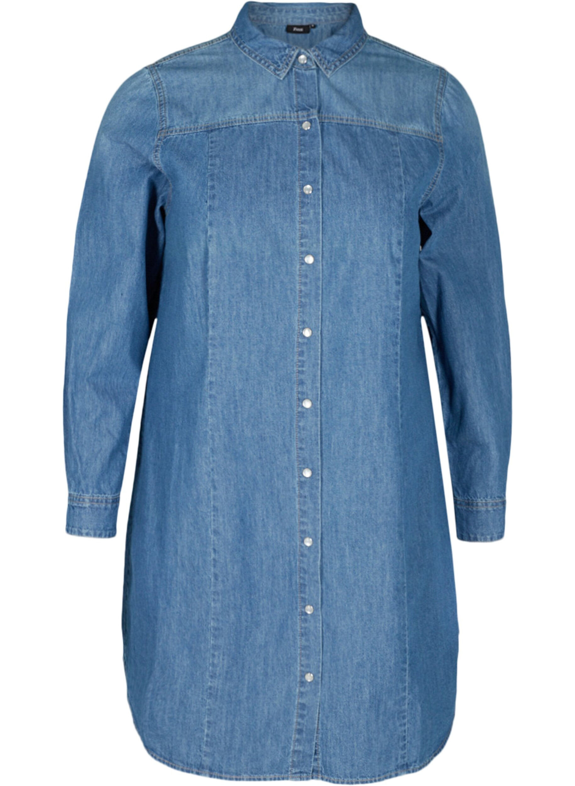 Zizzi Lange denim blouse in katoen, Blue denim, Packshot image number 0