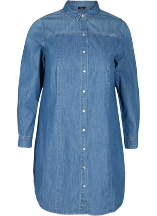 Lange denim blouse in katoen, Blue denim, Packshot image number 0