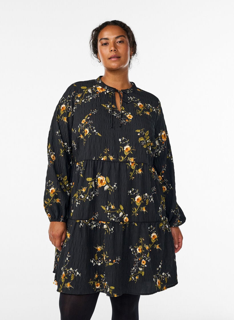Jurk met bloemenprint en striksluiting, Zwart, Model image number 0