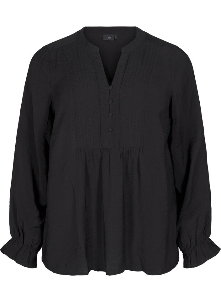 Blouse met lange mouwen en een V-hals, Black, Packshot image number 0