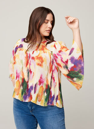 Plissé blouse met all-over print, Yellow comb AOP, Model image number 0