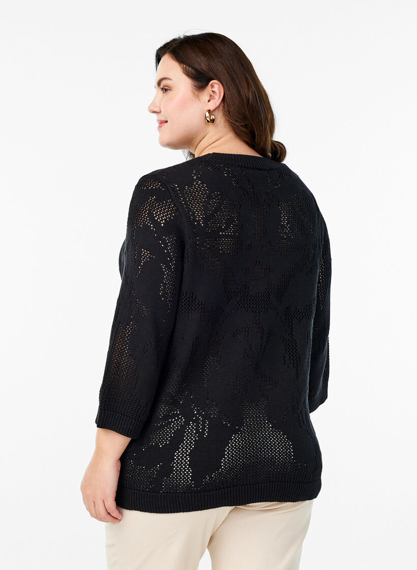 Gebreide blouse met een opengewerkt patroon en 3/4 mouwen, Black, Model image number 1