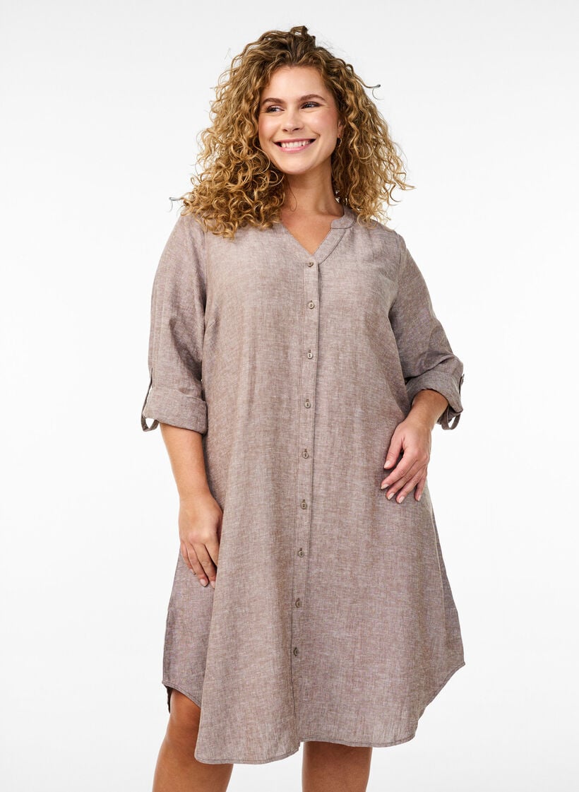 Lange shirt in linnen en viscose, Bruin, Model image number 0