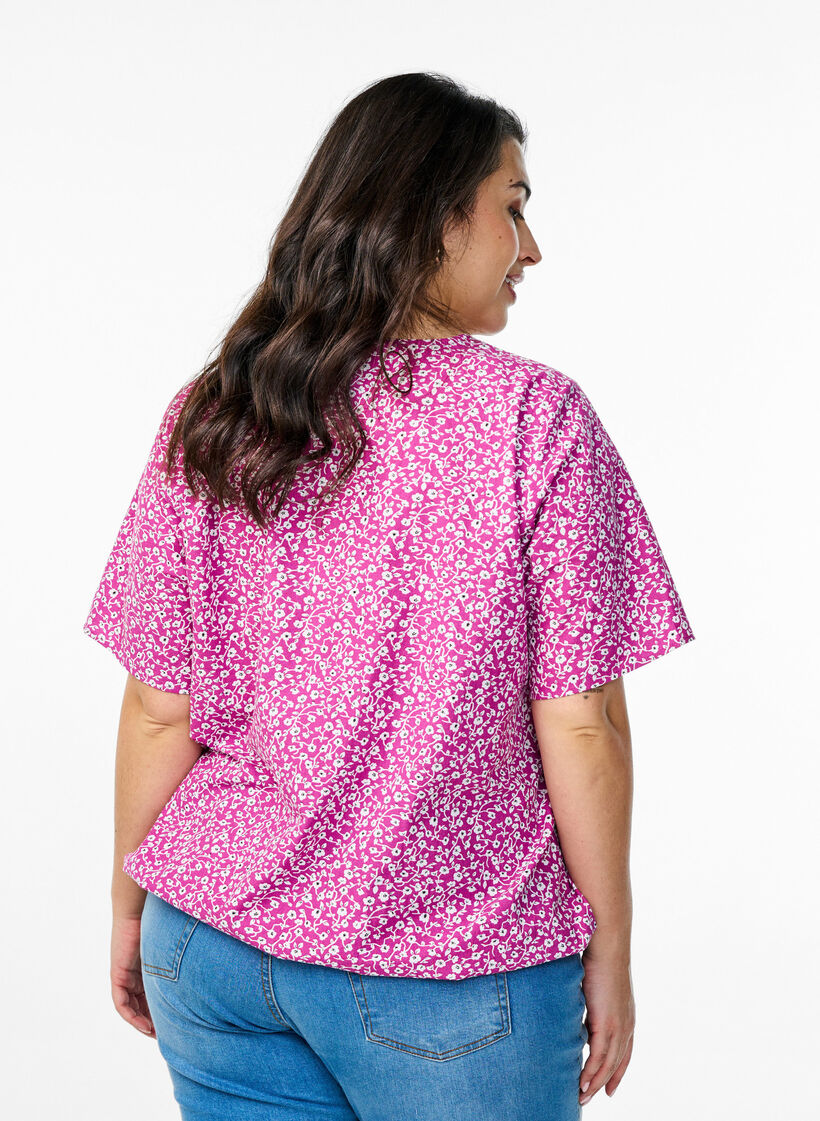 Katoenen blouse met print en korte mouwen, Paars, Model image number 2