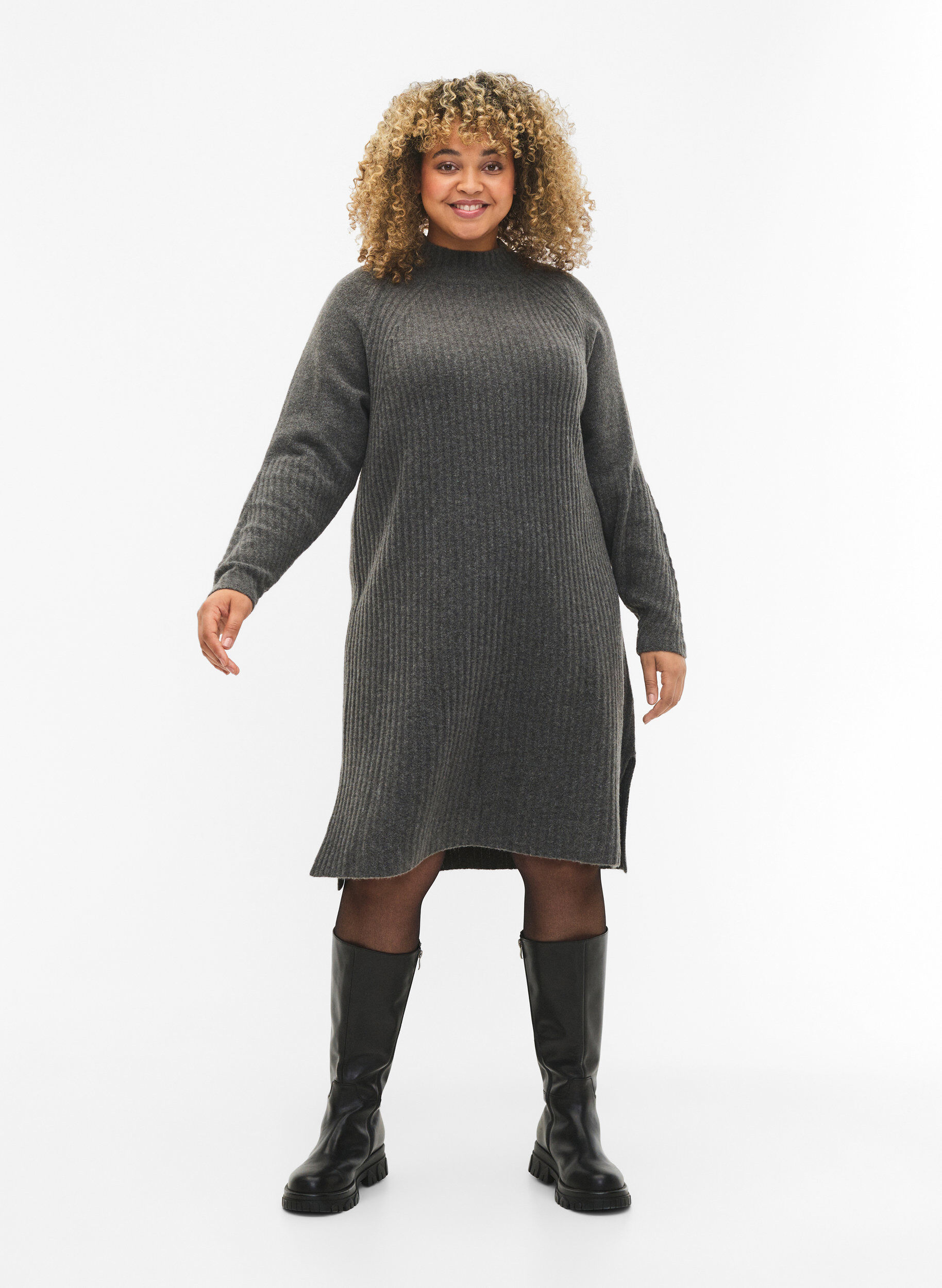 Zizzi Ribbed Knit Dress met col, Dark Grey Melange, Model image number 2