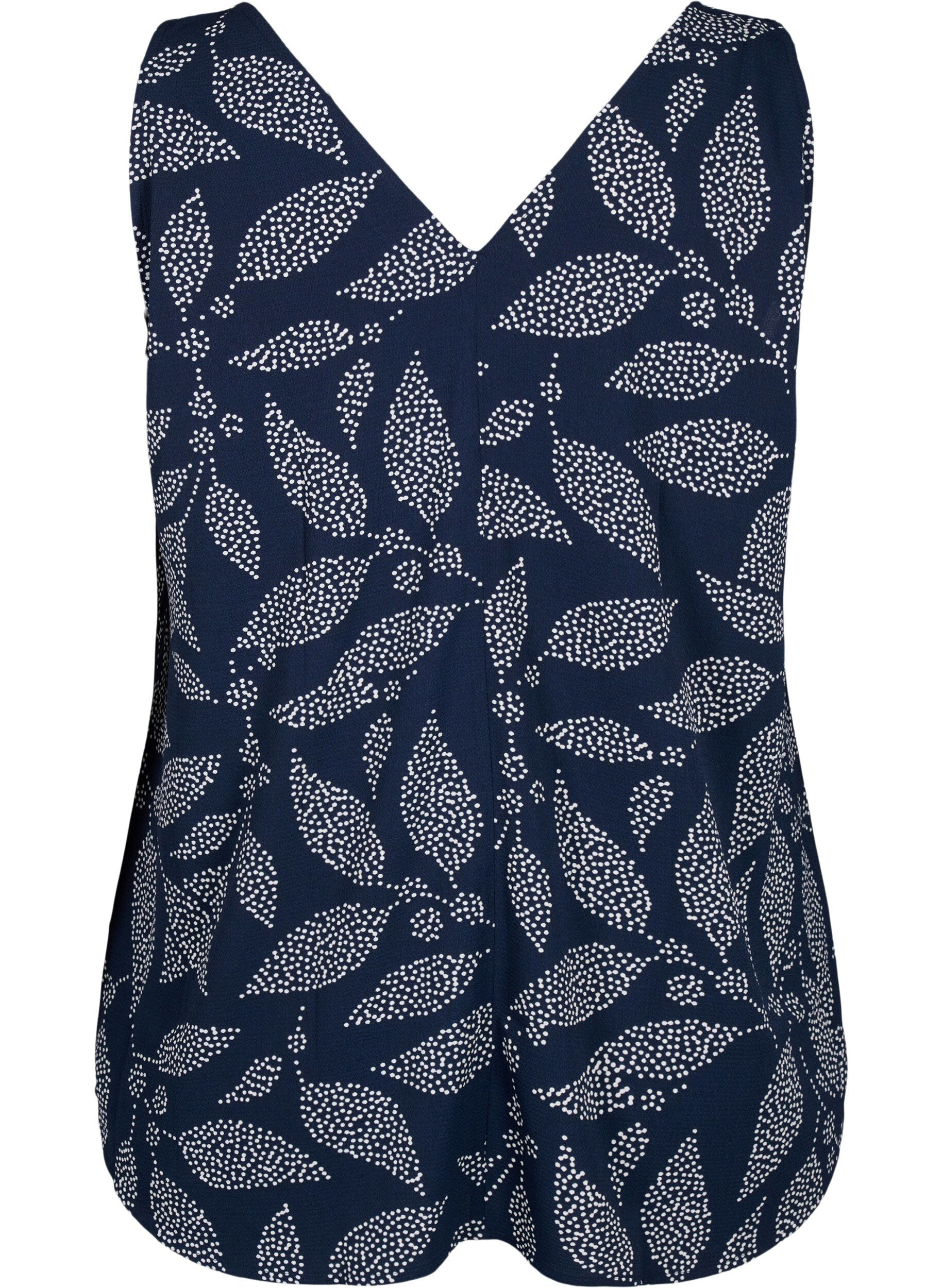 Zizzi Bedrukte top met v-hals, Navy B. w. Dot Leaf, Packshot image number 1