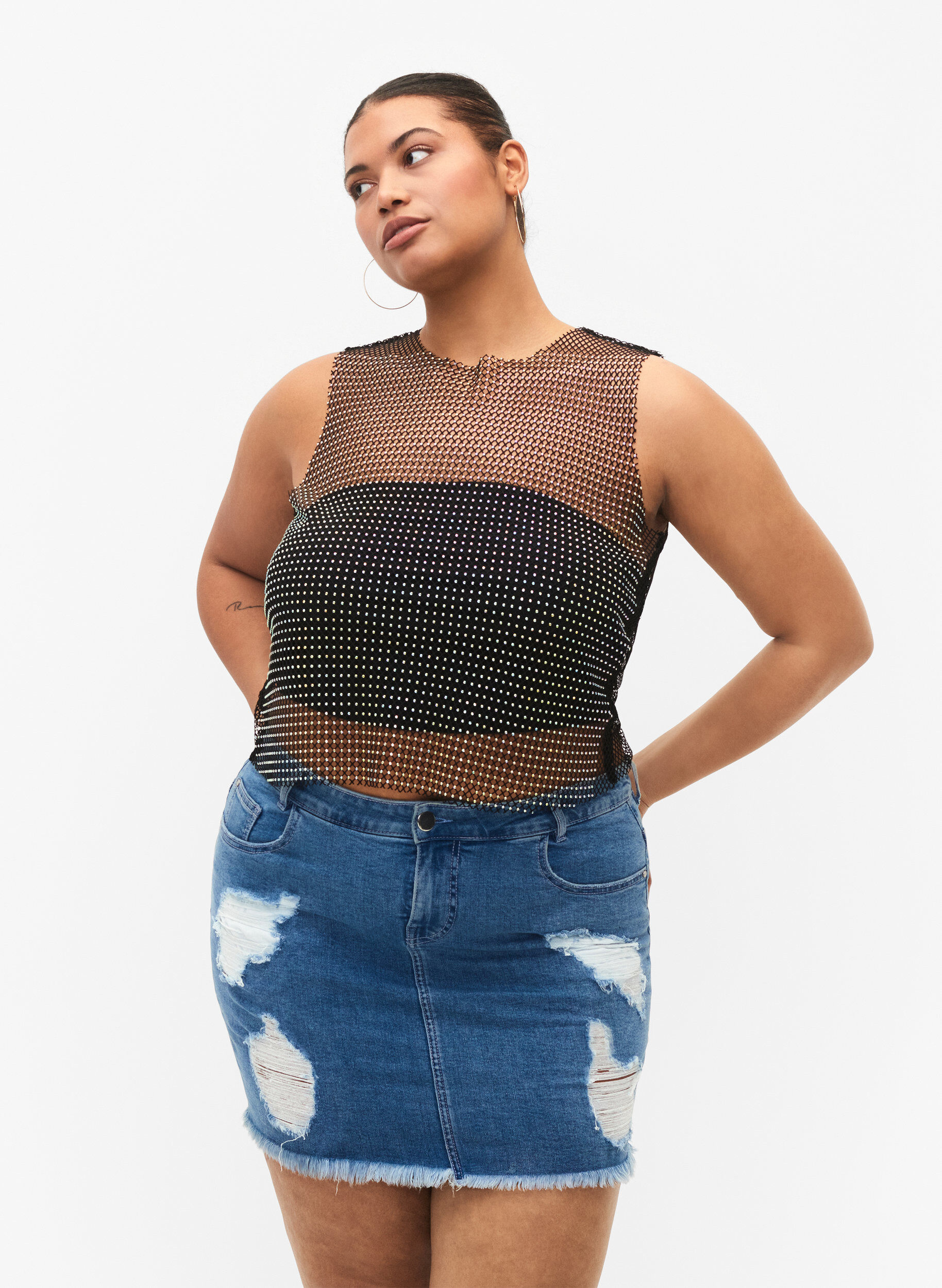 Zizzi Strakke denimrok met split, Blue denim, Model image number 0