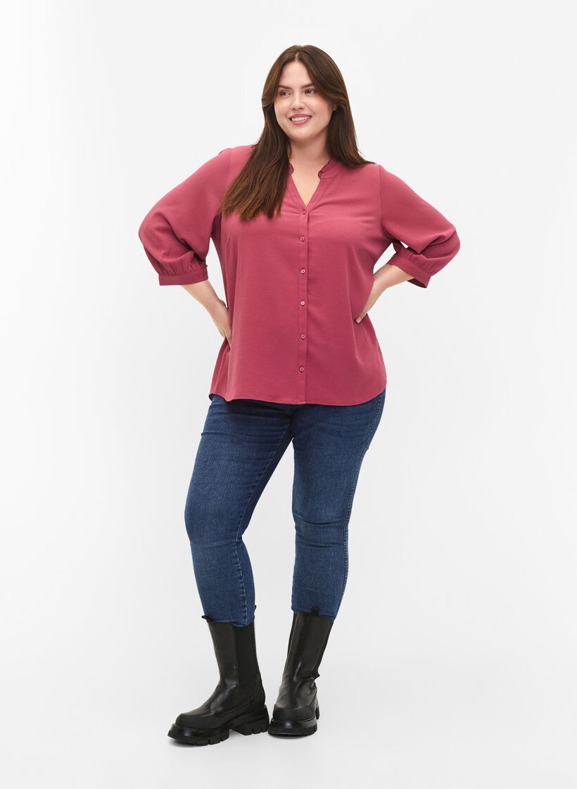 Overhemdblouse met 3/4-mouwen en een kraag met ruches, Dry Rose, Model image number 2