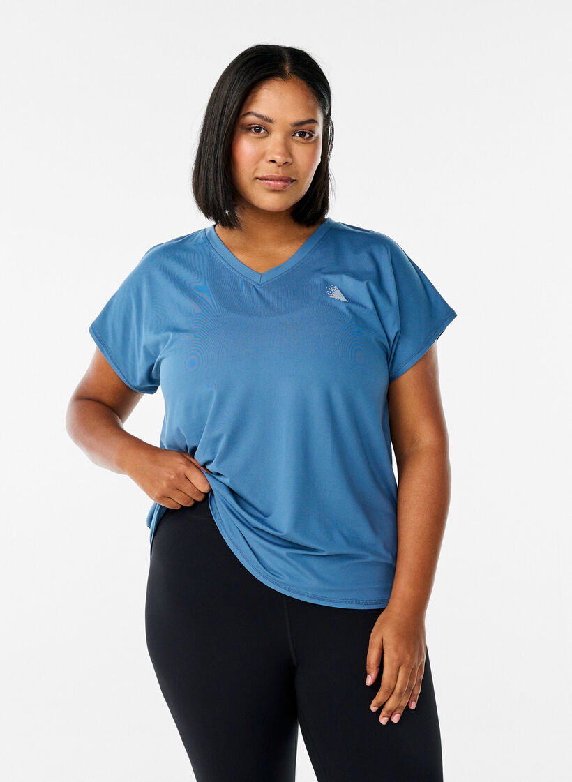 Sportief t-shirt met korte mouwen en v-hals, Blauw, Model image number 0