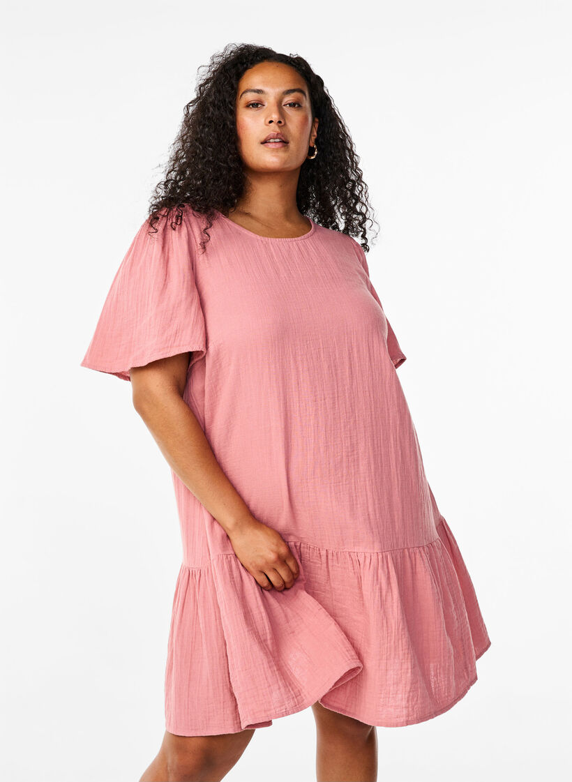 Katoenen jurk met korte mouwen en a-lijn snit, Old Rose, Model image number 0