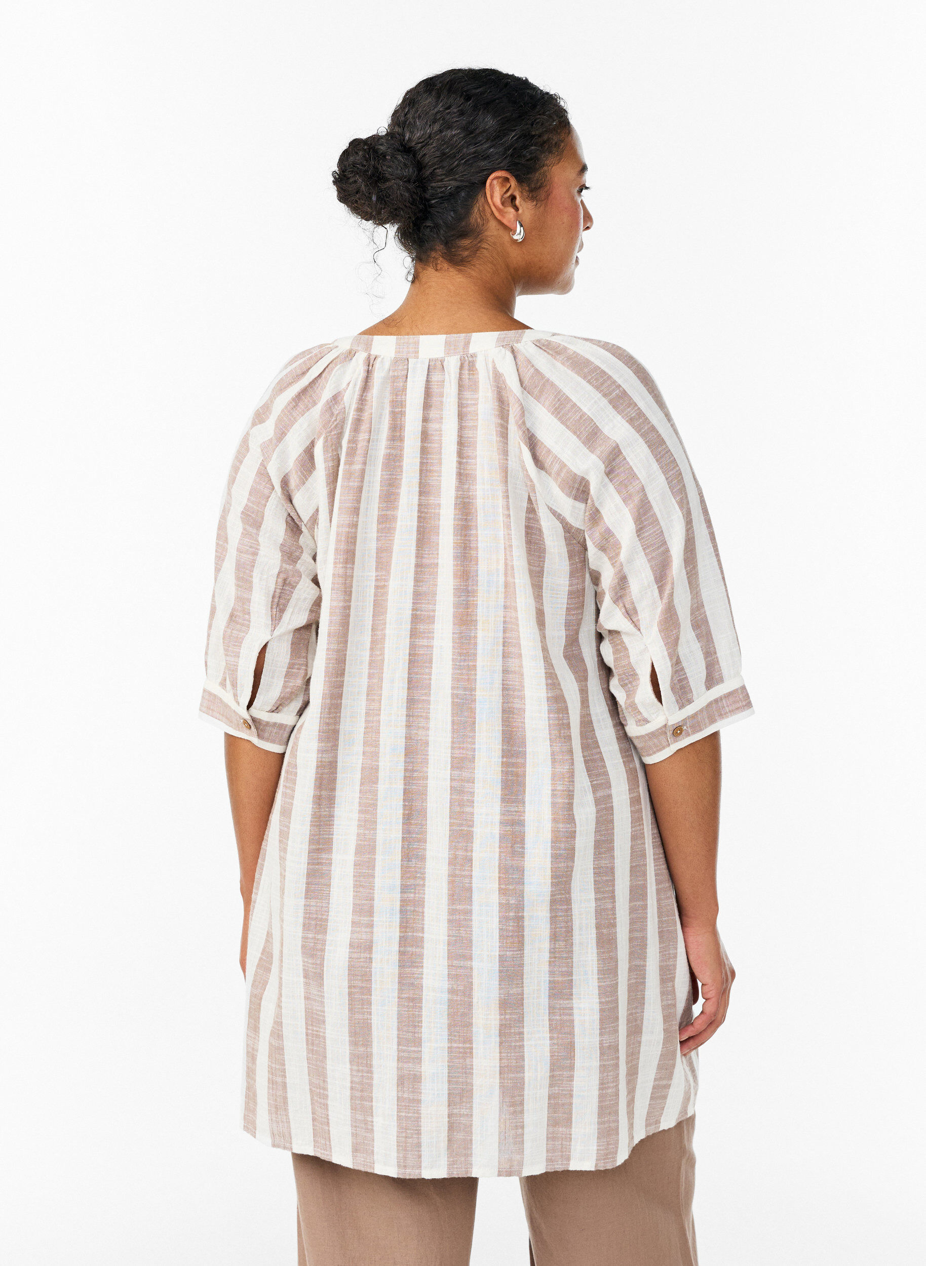 ZizziKatoenen tuniek met V-hals, Beige, Model image number 2