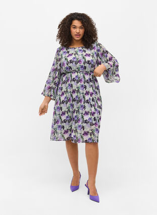 Bedrukte geplooide jurk met bindband, Purple Flower Mix, Model image number 2