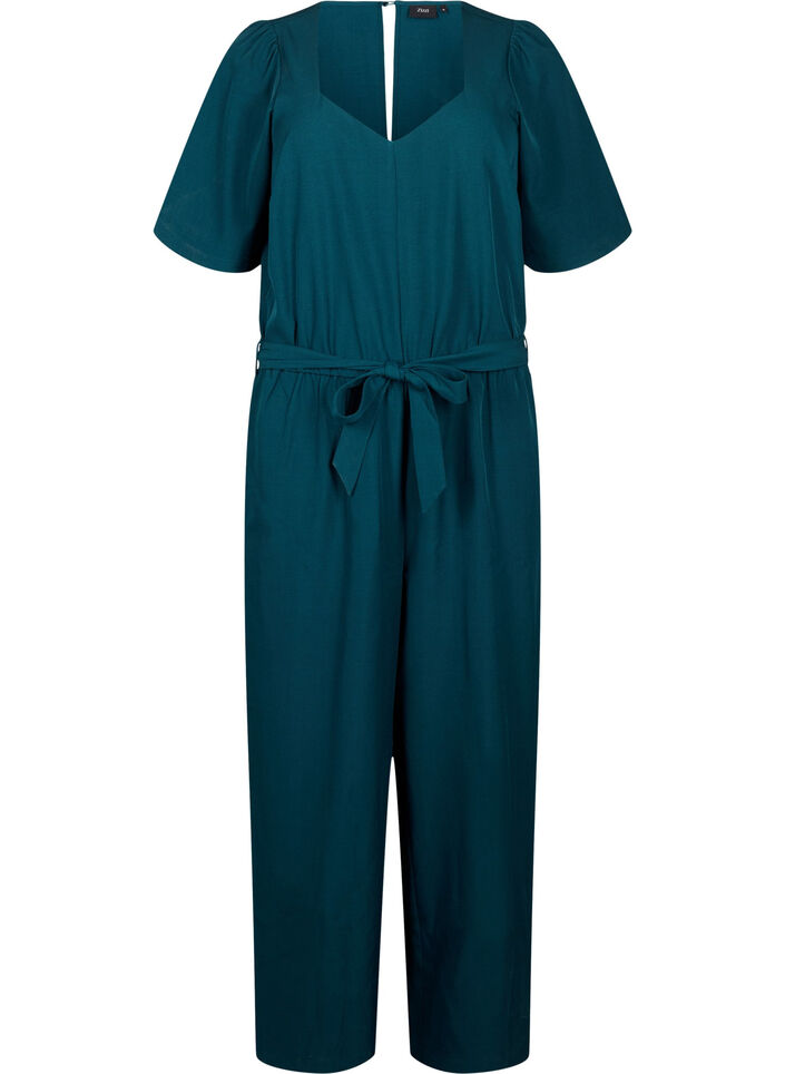 Jumpsuit met riem en korte mouwen, Sea Moss Melange, Packshot image number 0