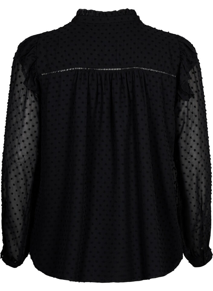 T-shirtblouse met ruches en een gestippelde textuur, Black, Packshot image number 1