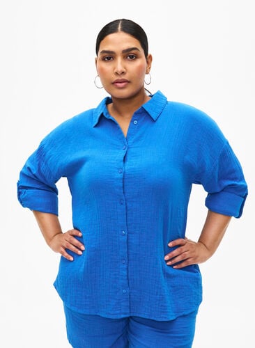 Overhemd met katoenen mousseline kraag, Victoria blue, Model image number 0