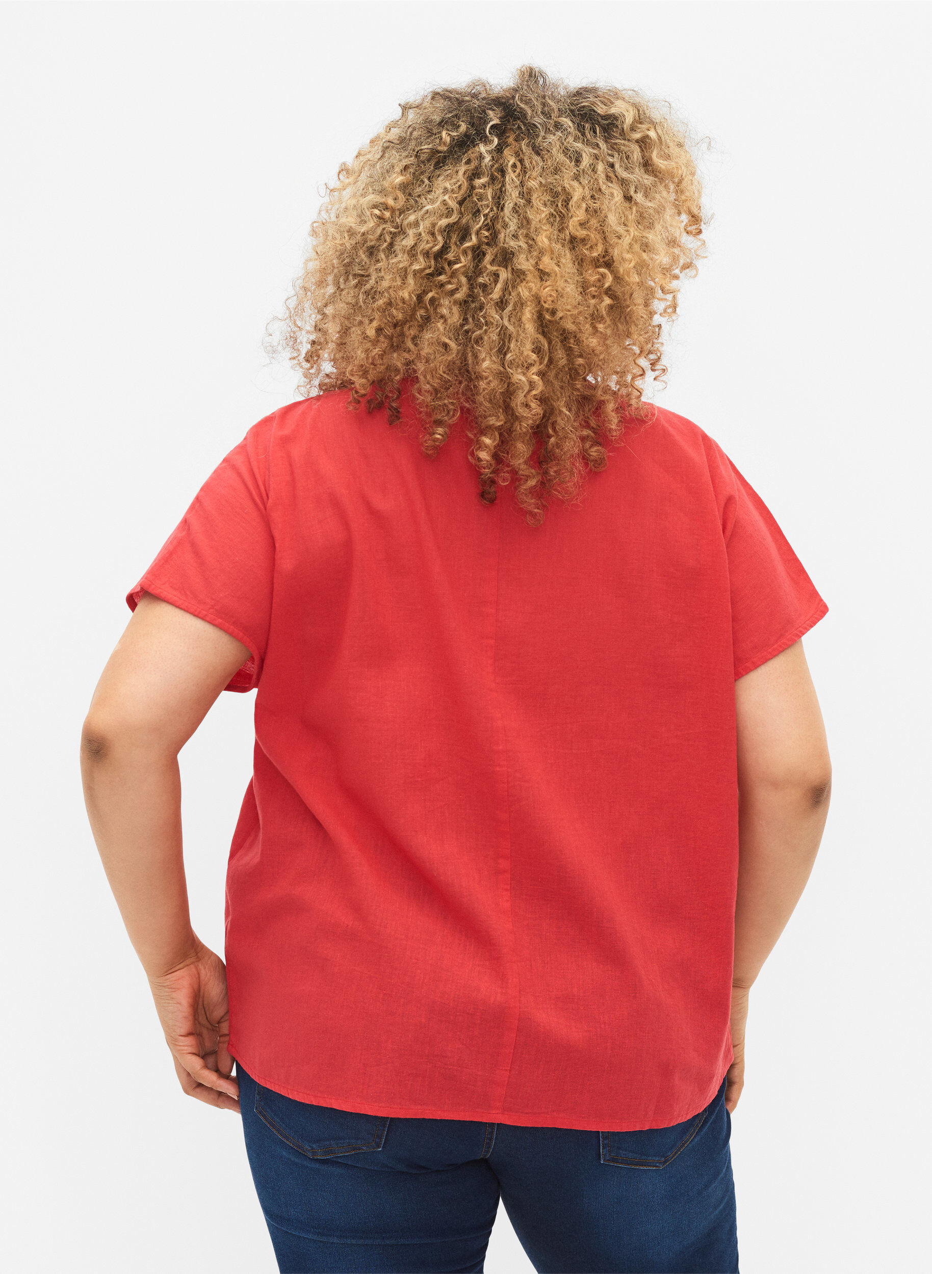 Zizzi Katoenen blouse met korte mouwen van katoenmix met linnen, Hibiscus, Model image number 1