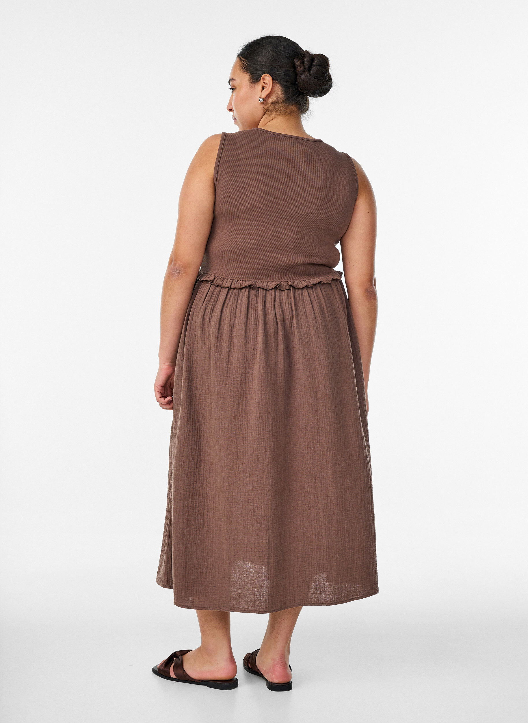 ZizziMouwloze katoenen midi-jurk met rib en mousseline, Bruin, Model image number 1