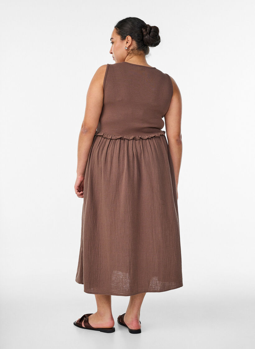 Mouwloze katoenen midi-jurk met rib en mousseline, Bruin, Model image number 1