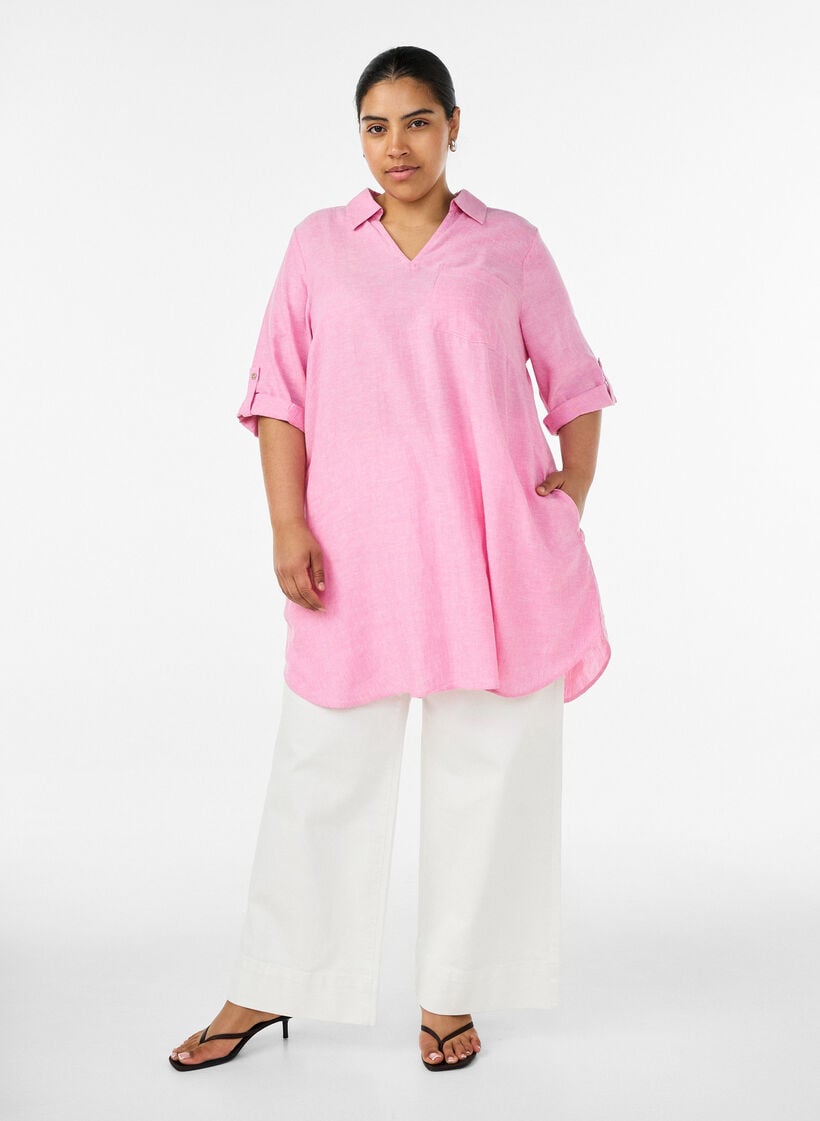 Tuniek van linnen en viscose met A-vorm, Roze, Model image number 1