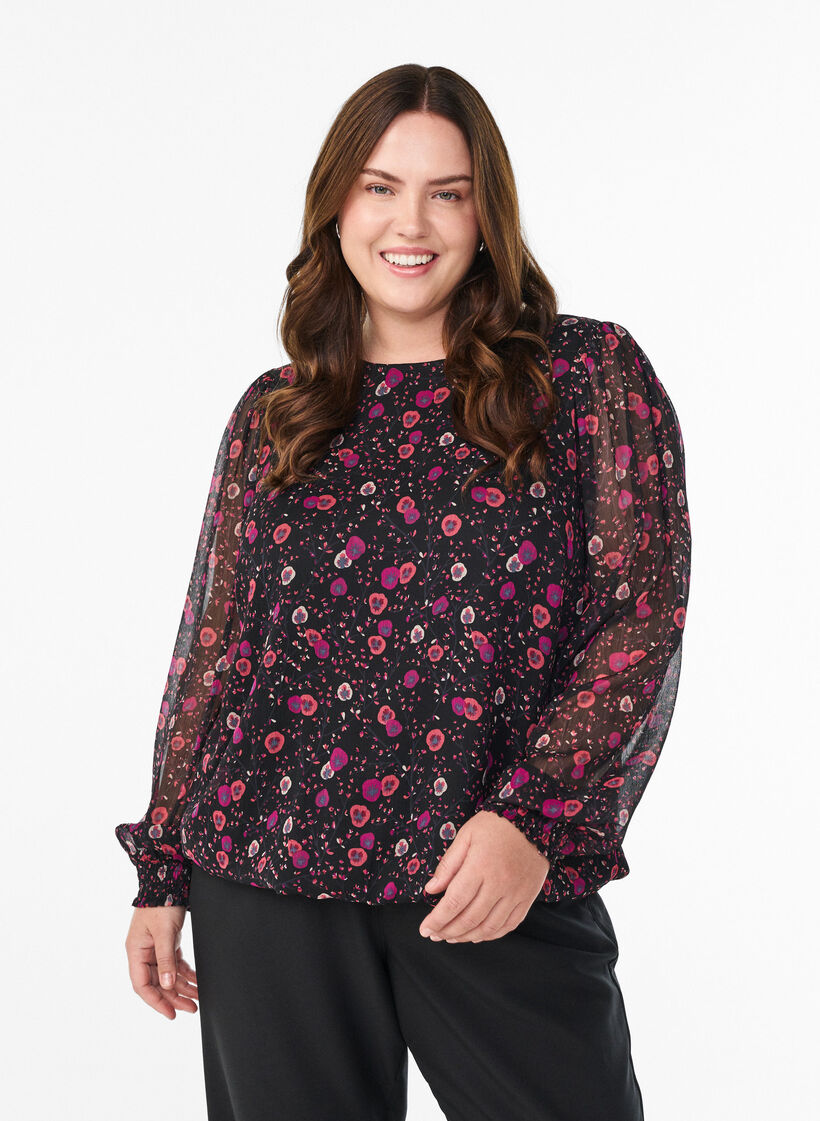 Chiffon blouse met bloemenprint en sheer mouwen, Zwart, Model image number 0