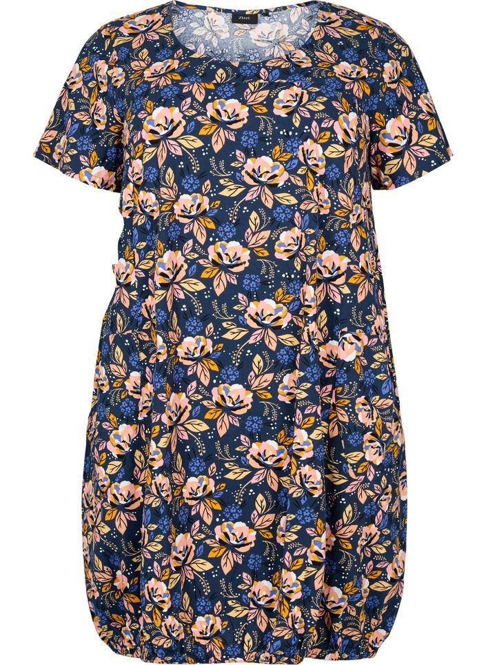 Katoenen jurk met korte mouwen en print, Blue Orange Flower, Packshot image number 0