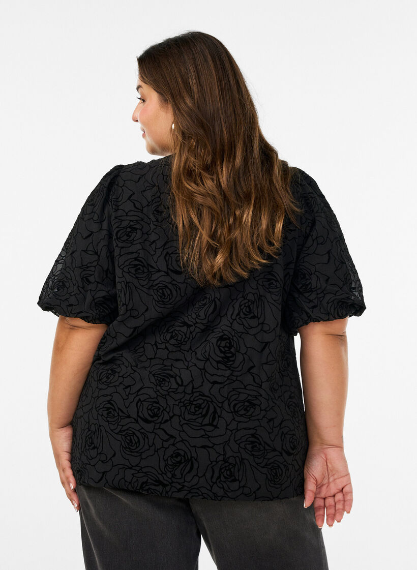 Blouse met bloemenpatroon en ballonmouwen, Zwart, Model image number 2