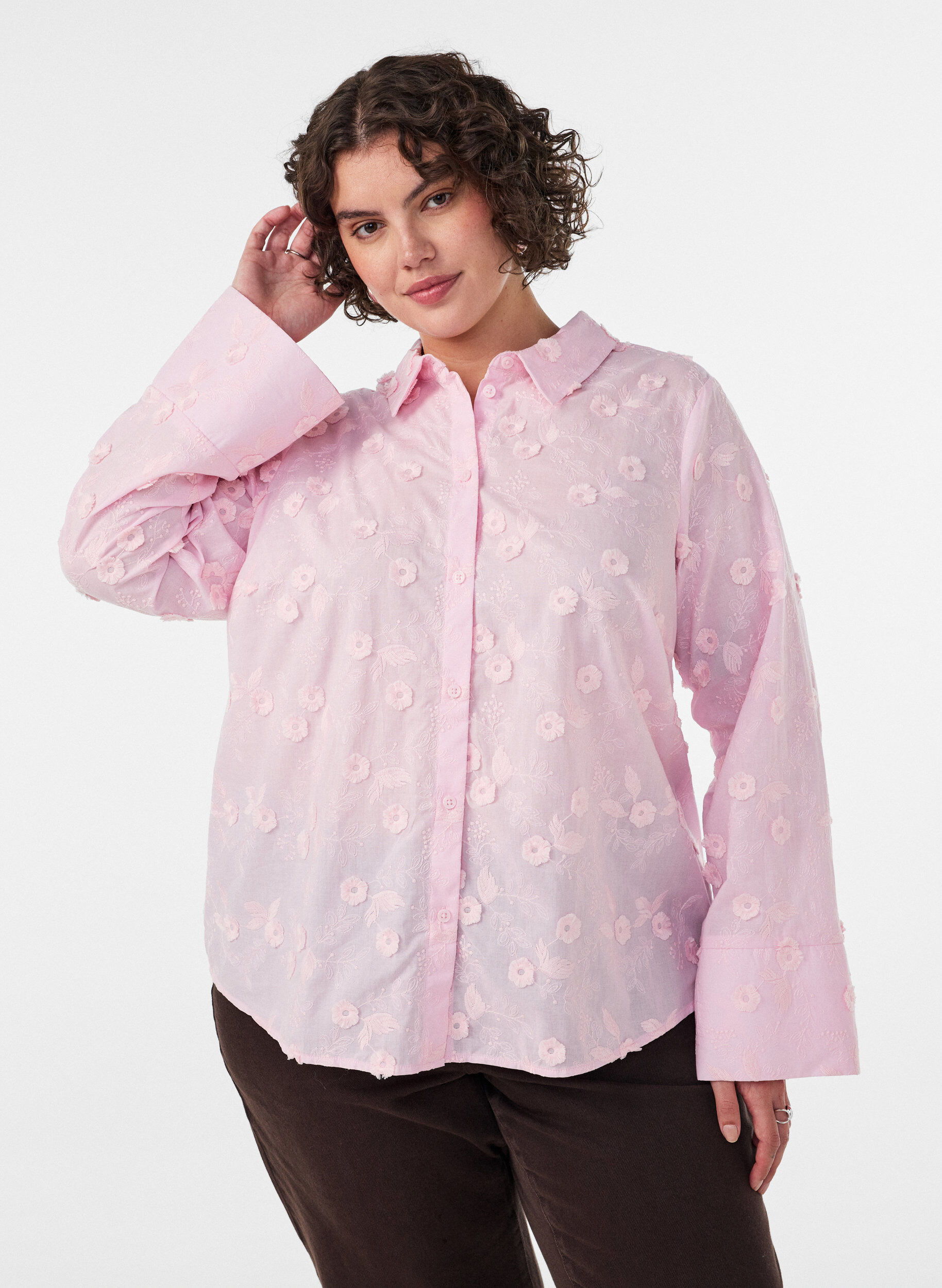 ZizziShirt met bloemenborduursel en wijde mouwen, Roze, Model image number 0