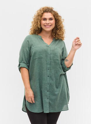 Lange blouse met 3/4 mouwen en v-hals, Balsam Green, Model image number 0