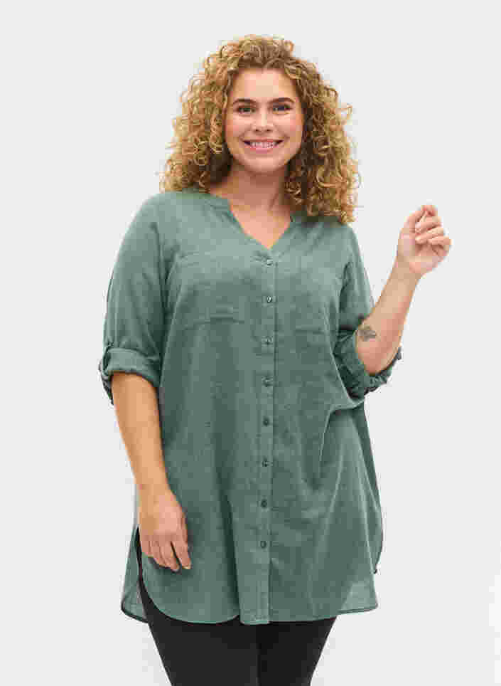 Lange blouse met 3/4 mouwen en v-hals, Balsam Green, Model