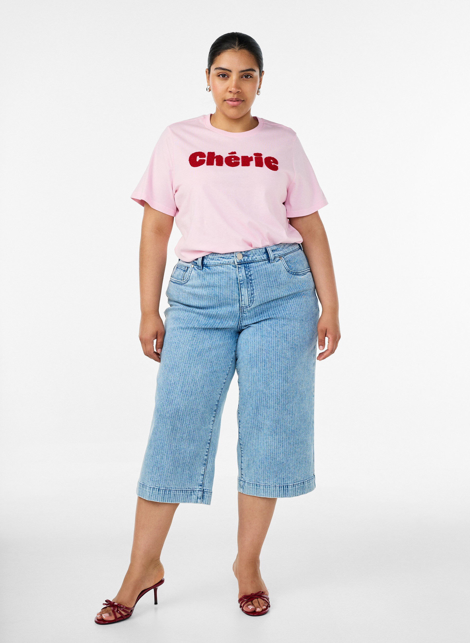 ZizziOrganisch katoenen T-shirt met print aan de voorkant, Roze, Model image number 1