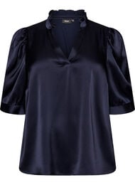 Blouse met satinlook, 1/2-mouwen en rucheskraag, Blauw
