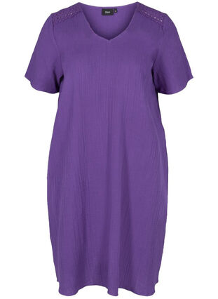 Katoenen jurk met korte mouwen en kanten details, Violet Indigo, Packshot image number 0