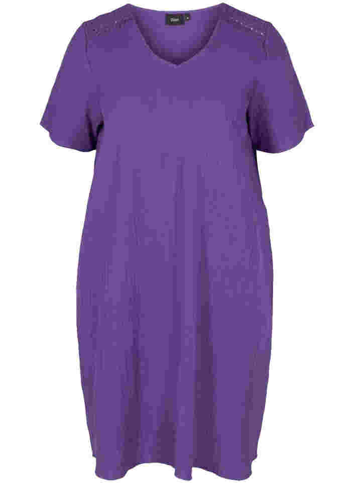 Katoenen jurk met korte mouwen en kanten details, Violet Indigo