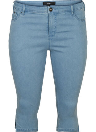 Hoge taille capri jeans met katoenmix, Light blue denim, Packshot image number 0