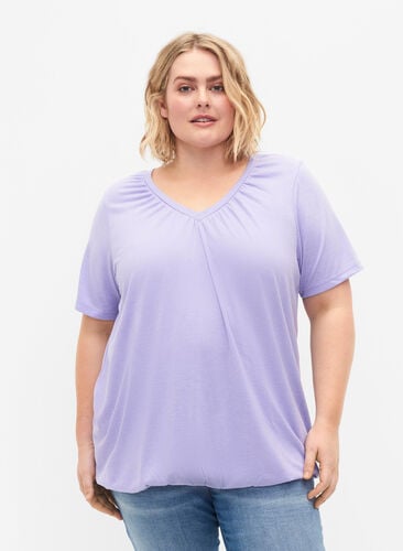 	 Gemêleerd t-shirt met elastische rand, Lavender Mél, Model image number 0