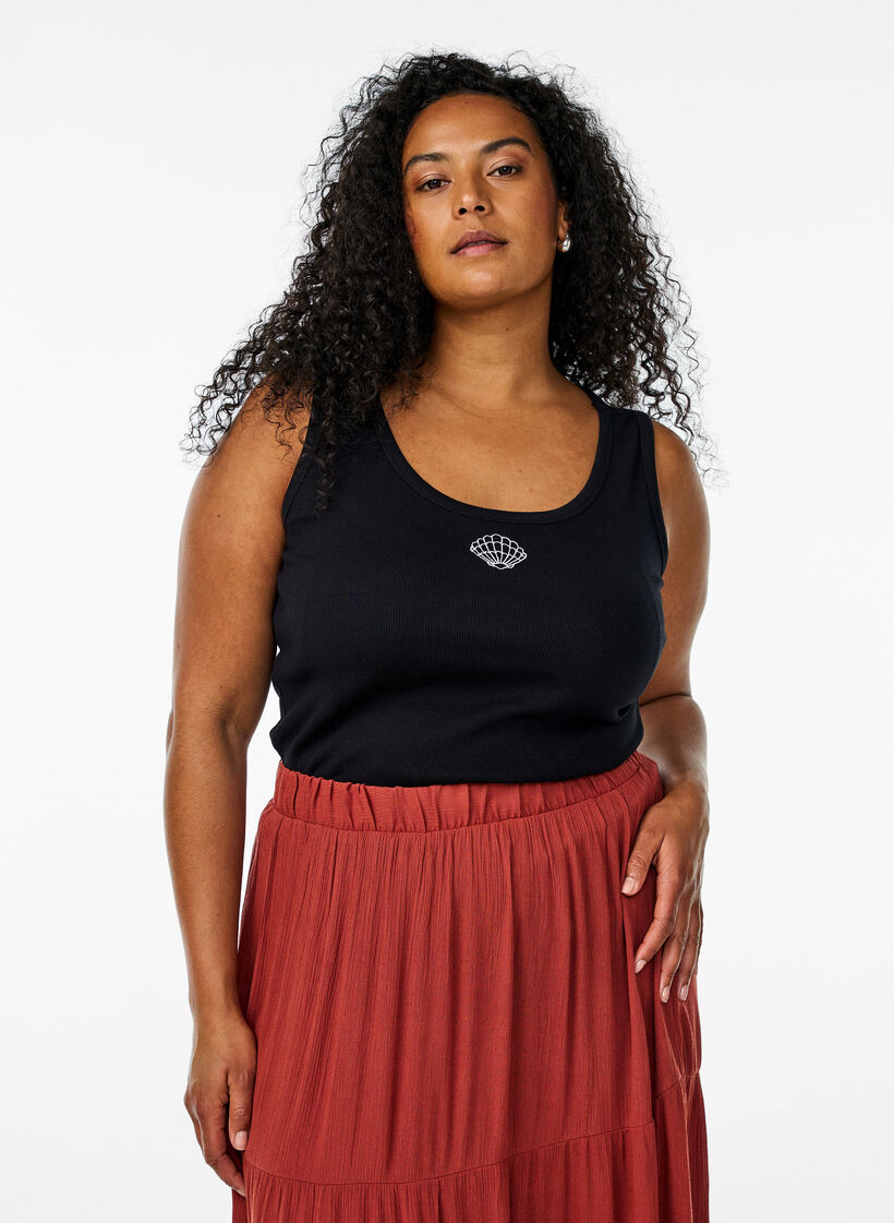Nauwsluitende top met motief, Zwart, Model image number 0