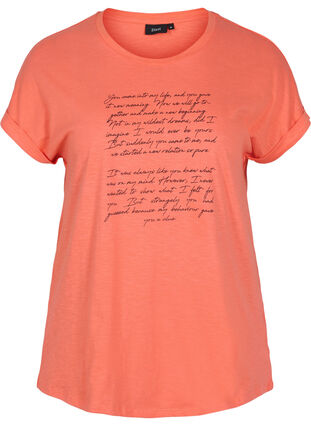 T-shirt met opdruk in biokatoen, Living Coral Text, Packshot image number 0