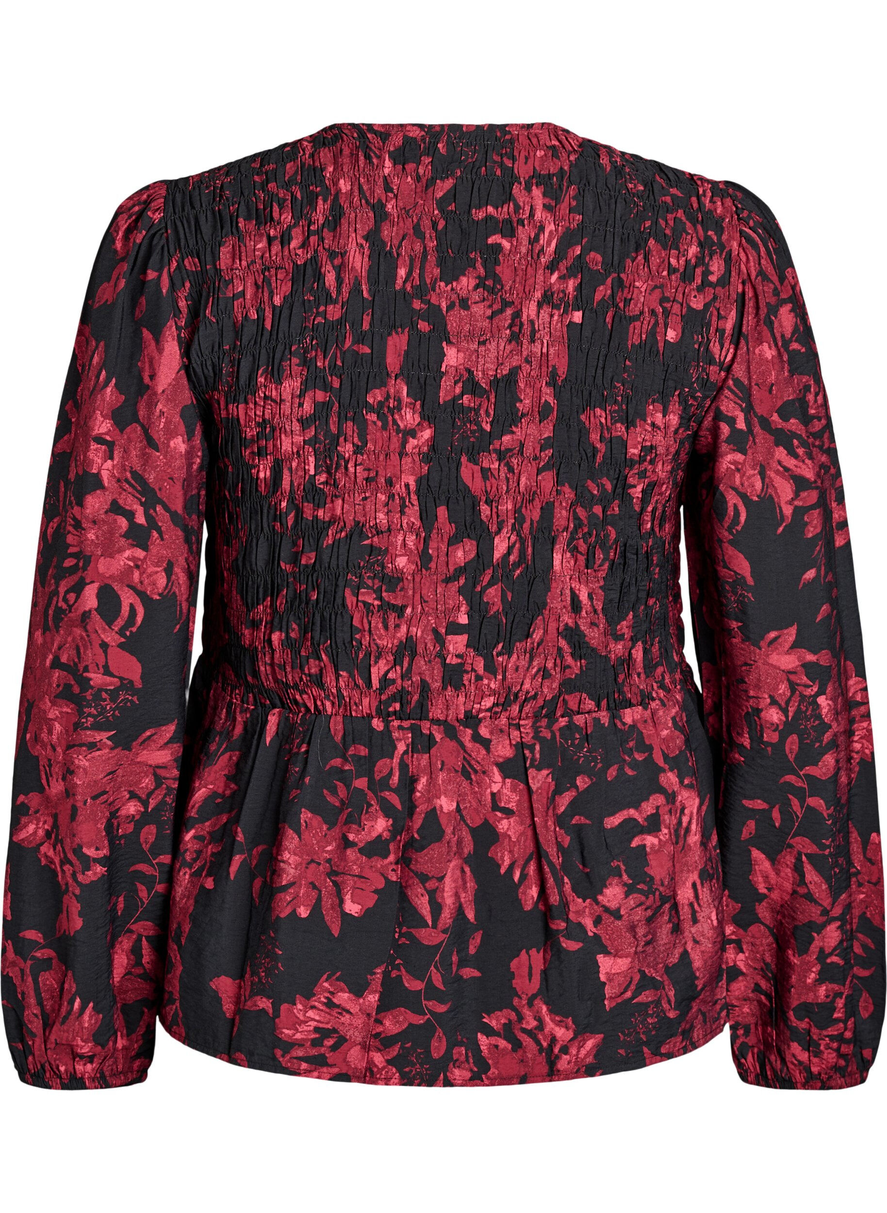 Zizzi Blouse met smock en lange mouwen, Zwart, Packshot image number 1