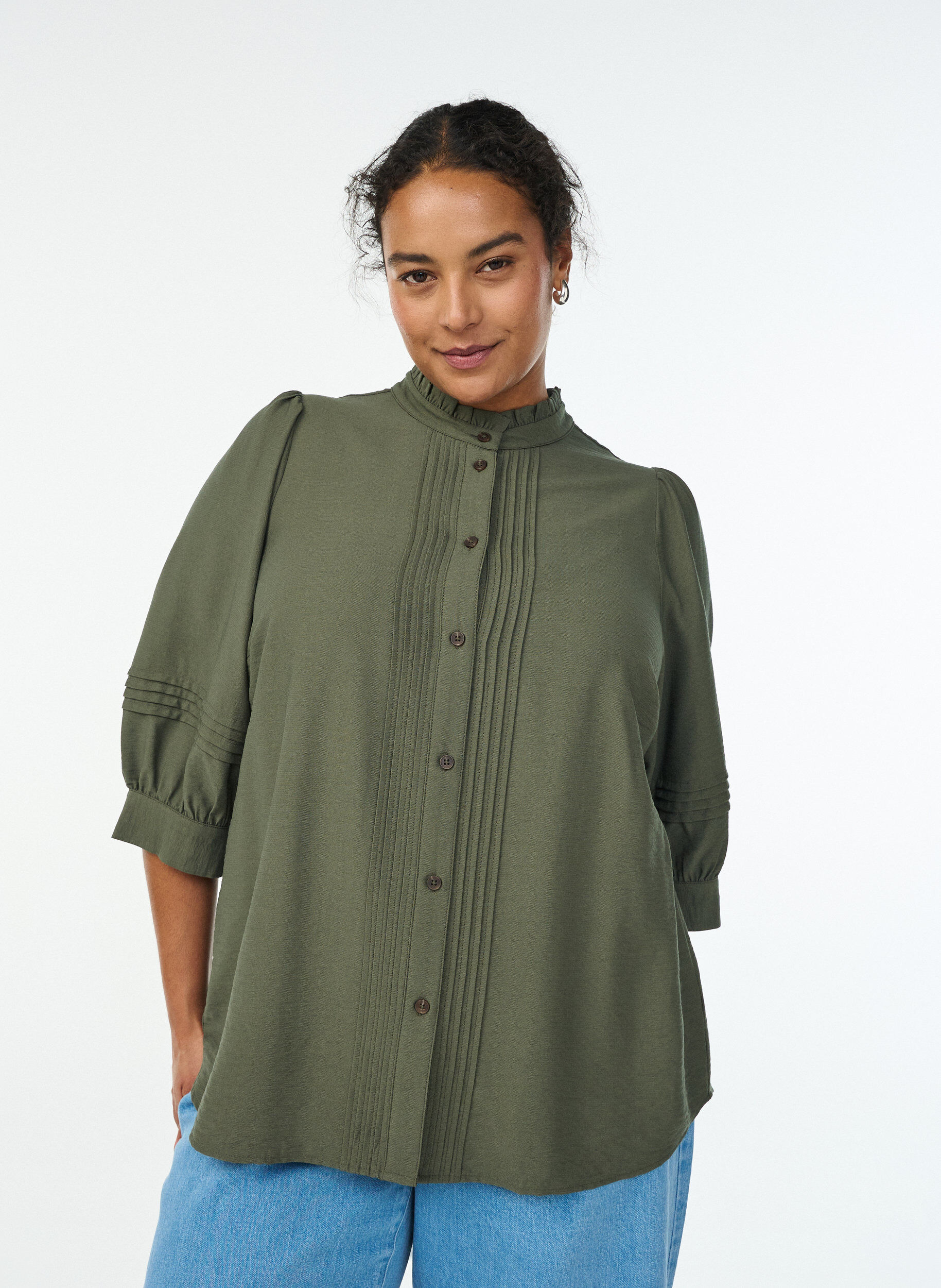 Blouse met 3/4 mouwen en decoratieve plooien, Groen, Model