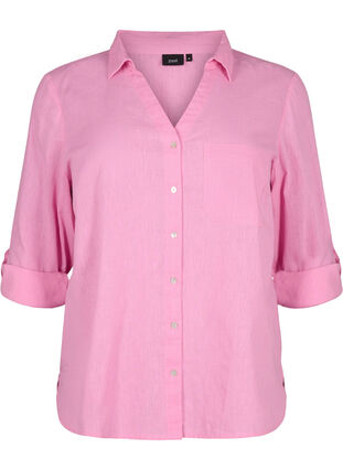 Shirtblouse met knoopsluiting van katoen-linnenmix, Rosebloom, Packshot image number 0