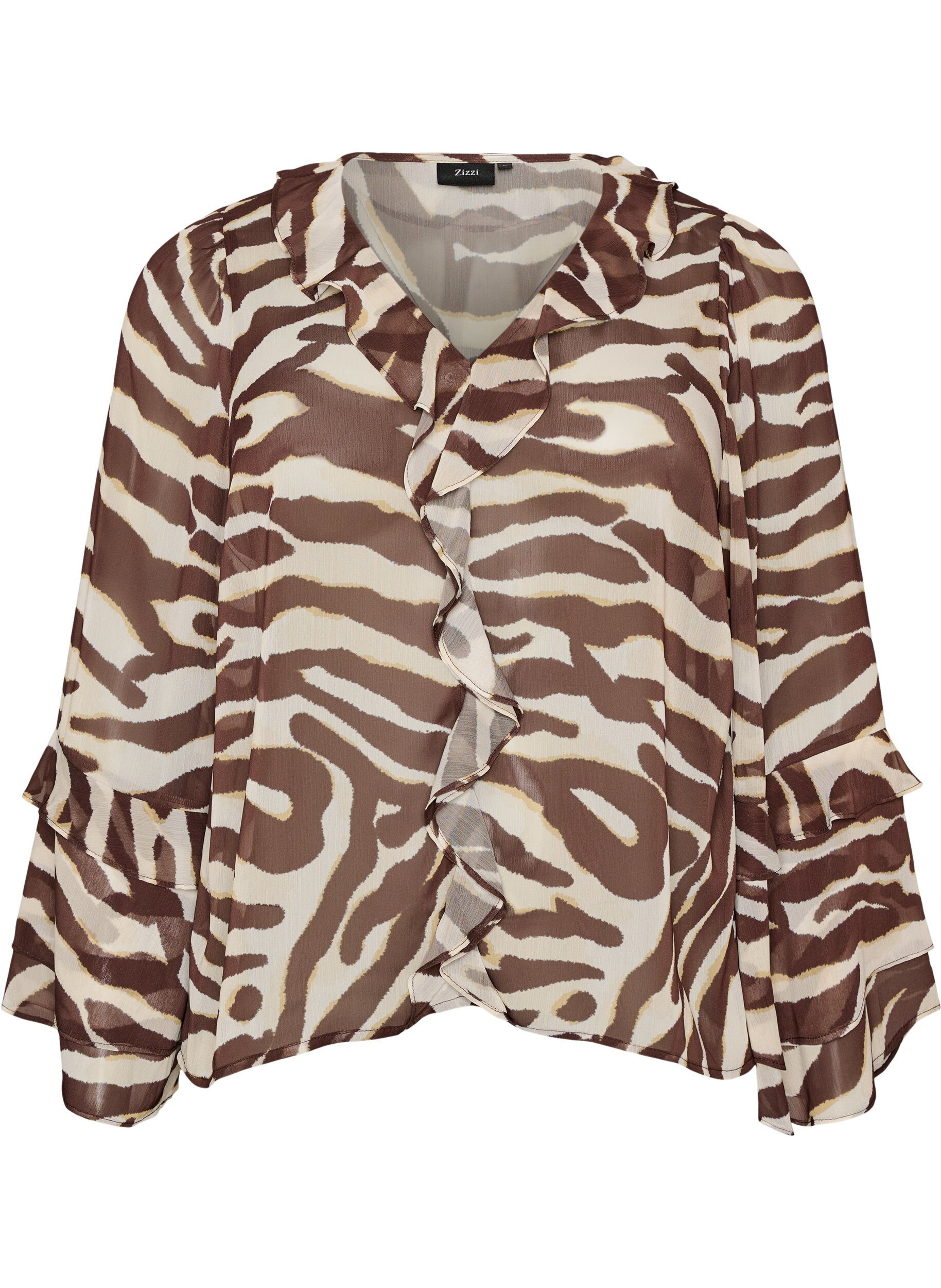ZizziChiffon blouse met zebraprint en ruches, Bruin, Packshot image number 0