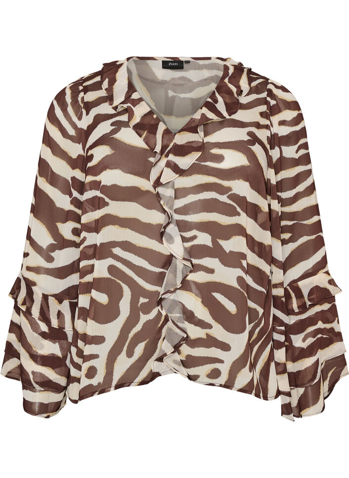 Chiffon blouse met zebraprint en ruches, Bruin, Packshot image number 0