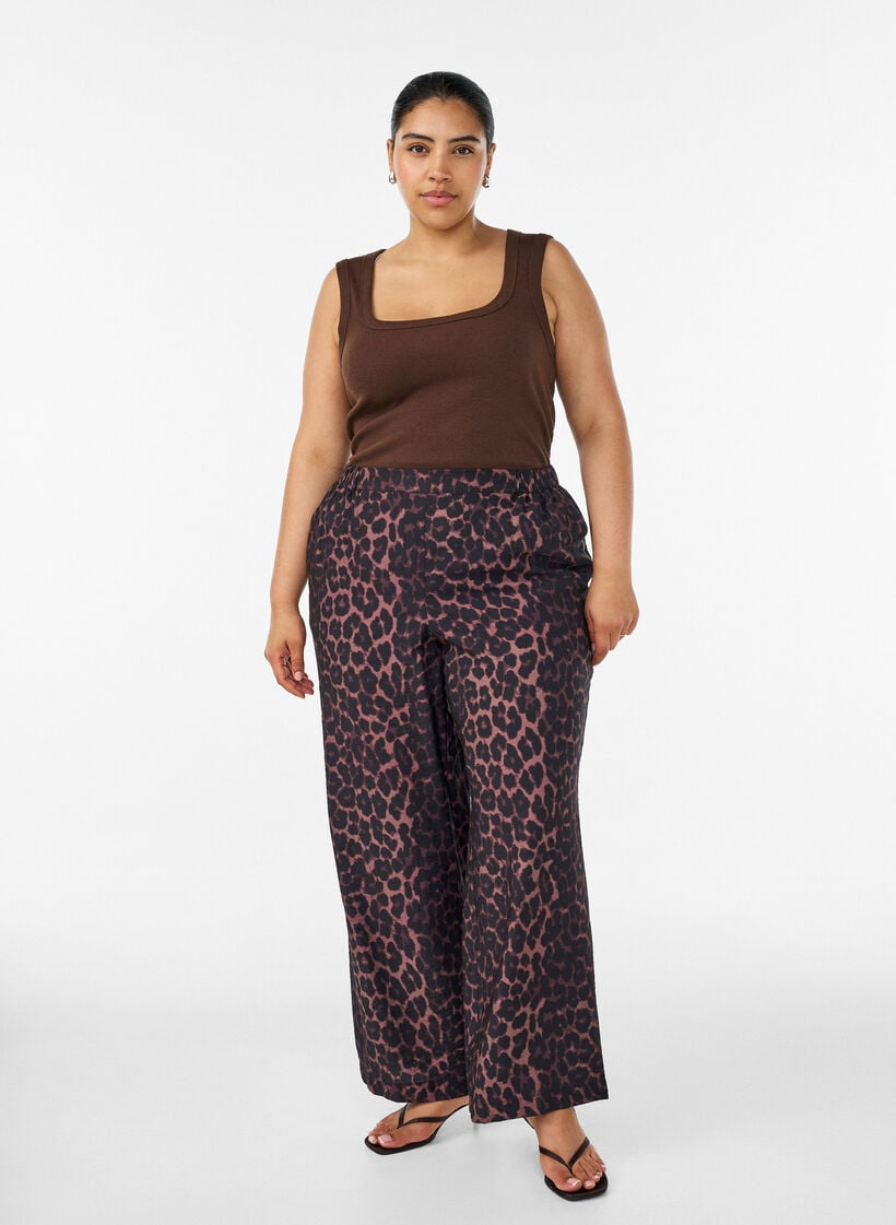 Viscose broek met elastische taille en rechte pijpen, Bruin, Model image number 0