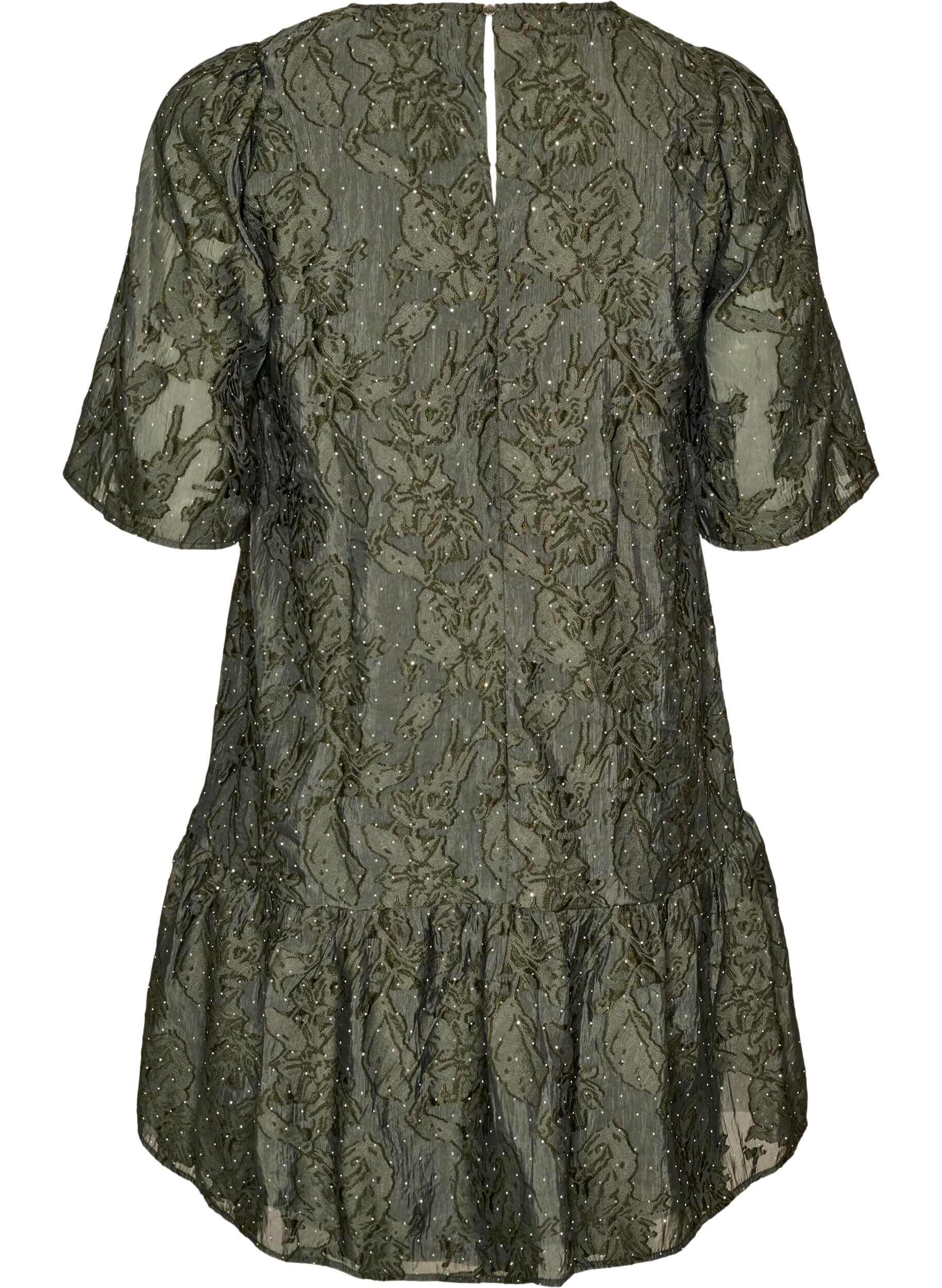 ZizziJacquard jurk met glanzende details en pofmouwen, Groen, Packshot image number 1
