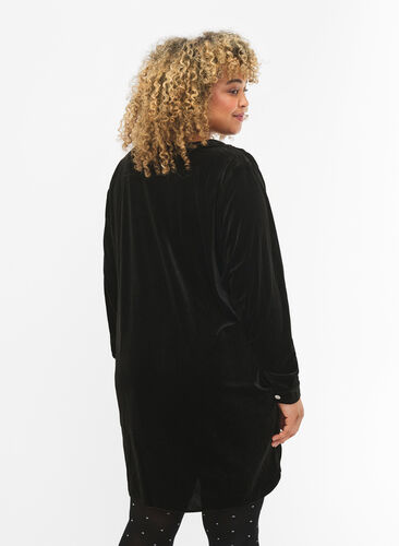  Velour jurk met lange mouwen en V-hals, Black, Model image number 1